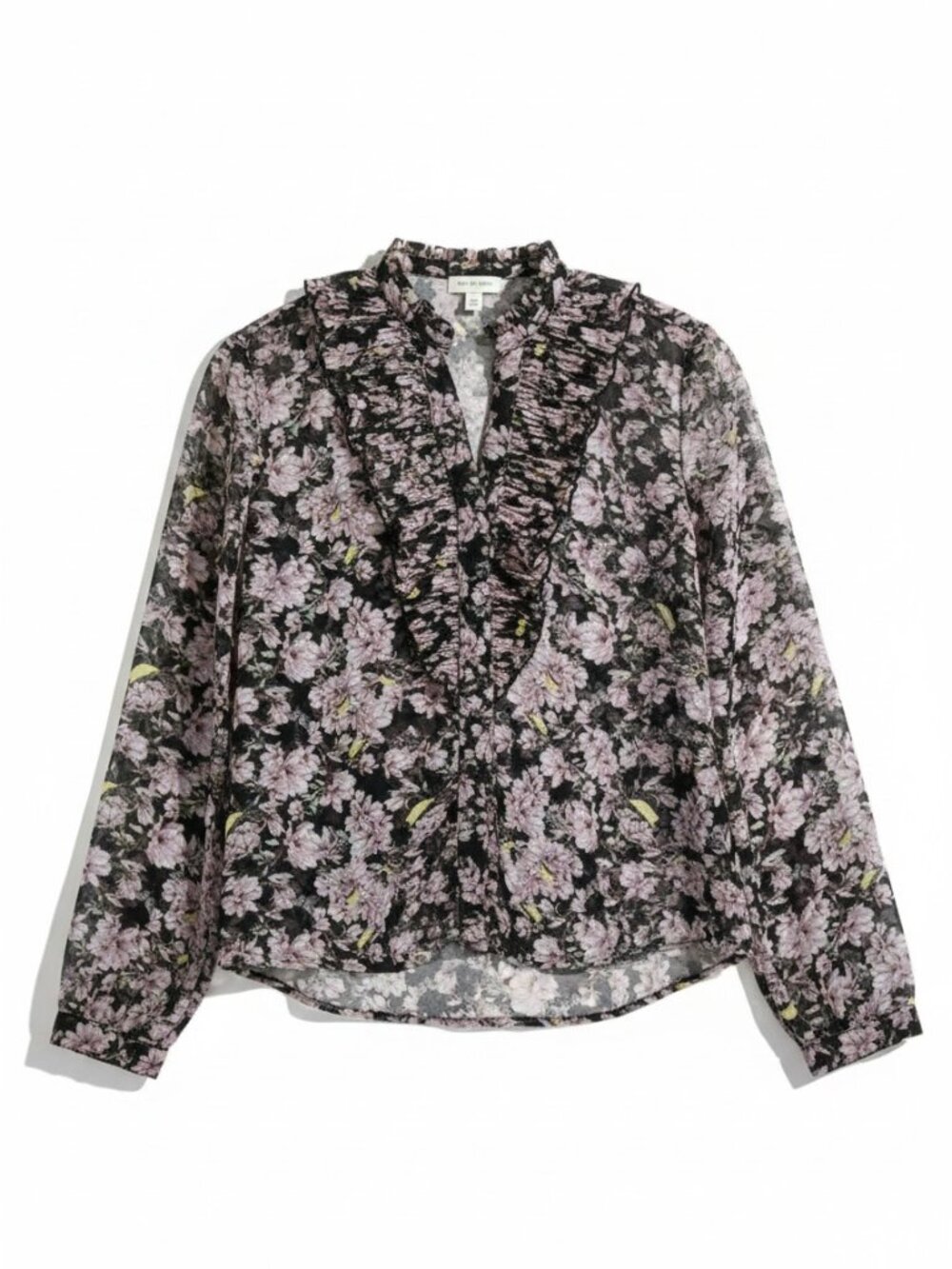 H&M Button Down Floral Sheer Blouse with Ruffle Front